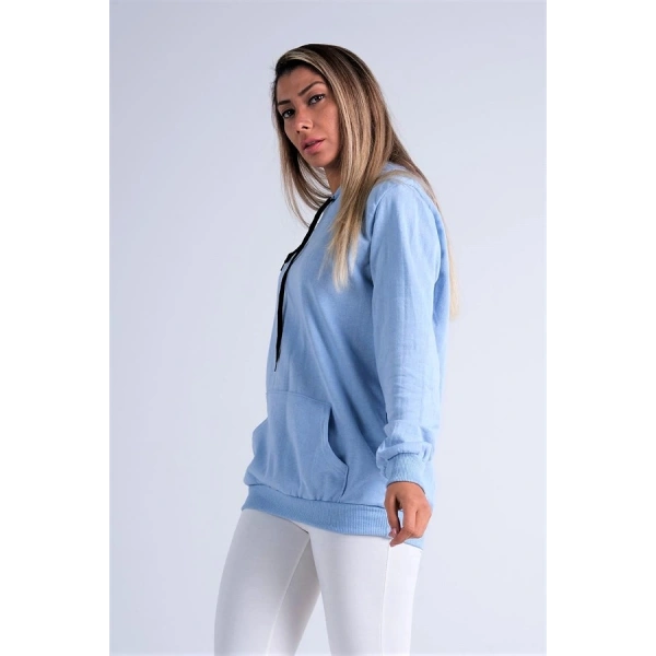 Mavi Kapüşonlu Kanguru Cepli Şardonlu Sweatshirt