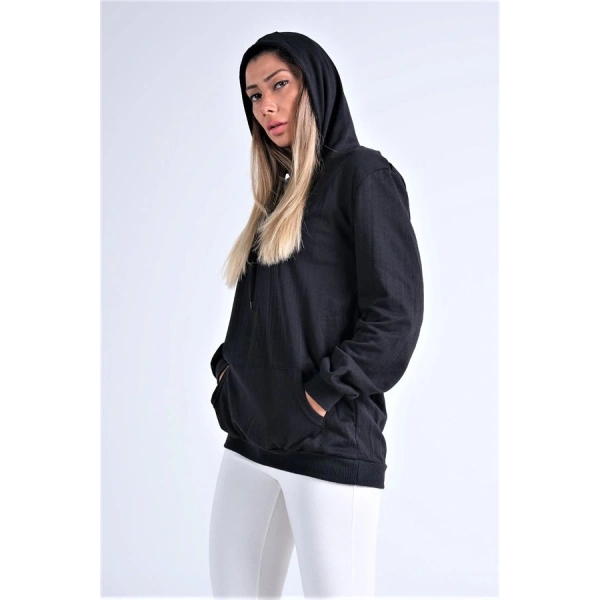 Siyah Kapüşonlu Kanguru Cepli Şardonlu Sweatshirt