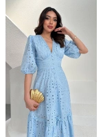 Ekru Büzgü Detaylı Dantelli Brode Elbise