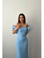 Zümrüt İşlemeli Kolu Garnili Elbise - Zümrüt