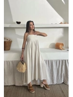 Bej Askılı Pileli Keten Elbise