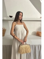 Bej Askılı Pileli Keten Elbise
