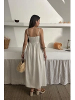 Bej Askılı Pileli Keten Elbise