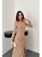 Bej Askılı Ve Yırtmaçlı Elbise