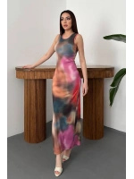 Bej Batik Desenli Elbise