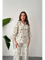 Bej Nakışlı Keten Takım