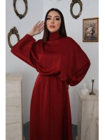 Bordo Jakarlı Saten Elbise - Bordo