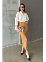 Camel Gabardin Boyamalı Püsküllü Etek