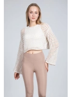Ekru Ajurlu Crop Bluz - Ekru