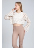 Ekru Ajurlu Crop Bluz - Ekru