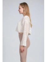 Ekru Ajurlu Crop Bluz - Ekru
