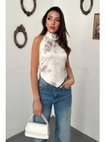 Ekru Saten Soft Çiçekli Bağlamalı Bluz