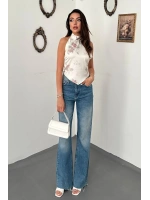 Ekru Saten Soft Çiçekli Bağlamalı Bluz