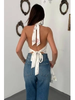 Ekru Saten Soft Çiçekli Bağlamalı Bluz