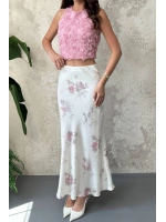 Ekru Saten Soft Çiçekli Etek