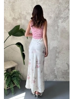 Ekru Saten Soft Çiçekli Etek