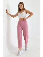 Fitilli Dokulu Beli Lastikli Rahat Ev Pantolonu - Pembe