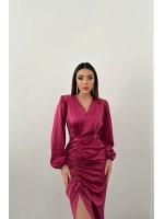 Zümrüt V Yaka Saten Elbise
