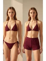 Kadın 3lü Set Bordo Şortlu ve Yandan Bağlamalı Bikini Mayo Takımı