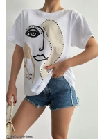 Kadın Desenli Oversize T-shirt - Beyaz