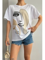 Kadın Desenli Oversize T-shirt - Beyaz