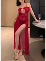 Kadın Kırmızı Transparan Yırtmaçlı Fantezi Gecelik