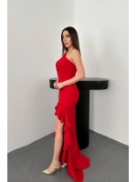 Kırmızı Yırtmaçlı Volanlı Elbise