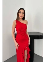 Kırmızı Yırtmaçlı Volanlı Elbise
