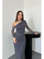 Kahverengi Ekose Desen Tül Elbise