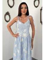 Mavi Çizgili Süzeneli Dantelli Elbise