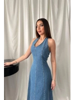 Mavi Halter Yaka Jean Elbise - Mavi