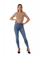 Mavi Renk Dar Paça Diz Yırtık Yüksek Bel Jeans - Mavi