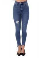 Mavi Renk Dar Paça Eskitme Detaylı Yüksek Bel Jeans - Mavi