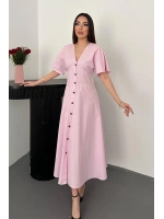 Pembe Düğmeli Midi Boy Poplin Elbise - Pembe
