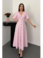 Pembe Düğmeli Midi Boy Poplin Elbise - Pembe