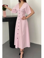 Pembe Düğmeli Midi Boy Poplin Elbise - Pembe