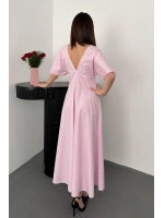 Pembe Düğmeli Midi Boy Poplin Elbise - Pembe