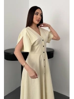 Beyaz Düğmeli Midi Boy Poplin Elbise