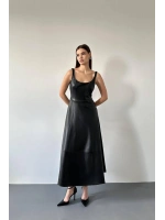 Bordo Askılı Deri Elbise