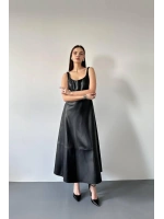 Bordo Askılı Deri Elbise