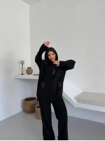 Siyah Ayıcık Desenli Oversize Triko Takım - Siyah