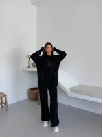 Siyah Ayıcık Desenli Oversize Triko Takım - Siyah