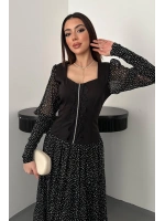 Siyah Dantelli Taşlı Şeritli Elbise