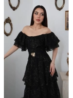 Siyah Kat Kat Fırfırlı Elbise - Siyah