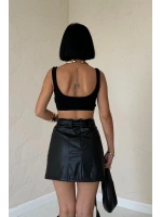 Siyah Kemerli Mini Deri Etek