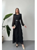 Siyah Kemerli Şifon Elbise - Siyah