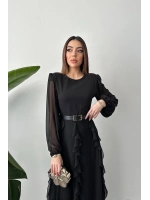 Siyah Kemerli Şifon Elbise - Siyah