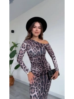 Tek Omuz Leopar Desenli Midi Elbise - Leopar