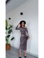 Tek Omuz Leopar Desenli Midi Elbise - Leopar