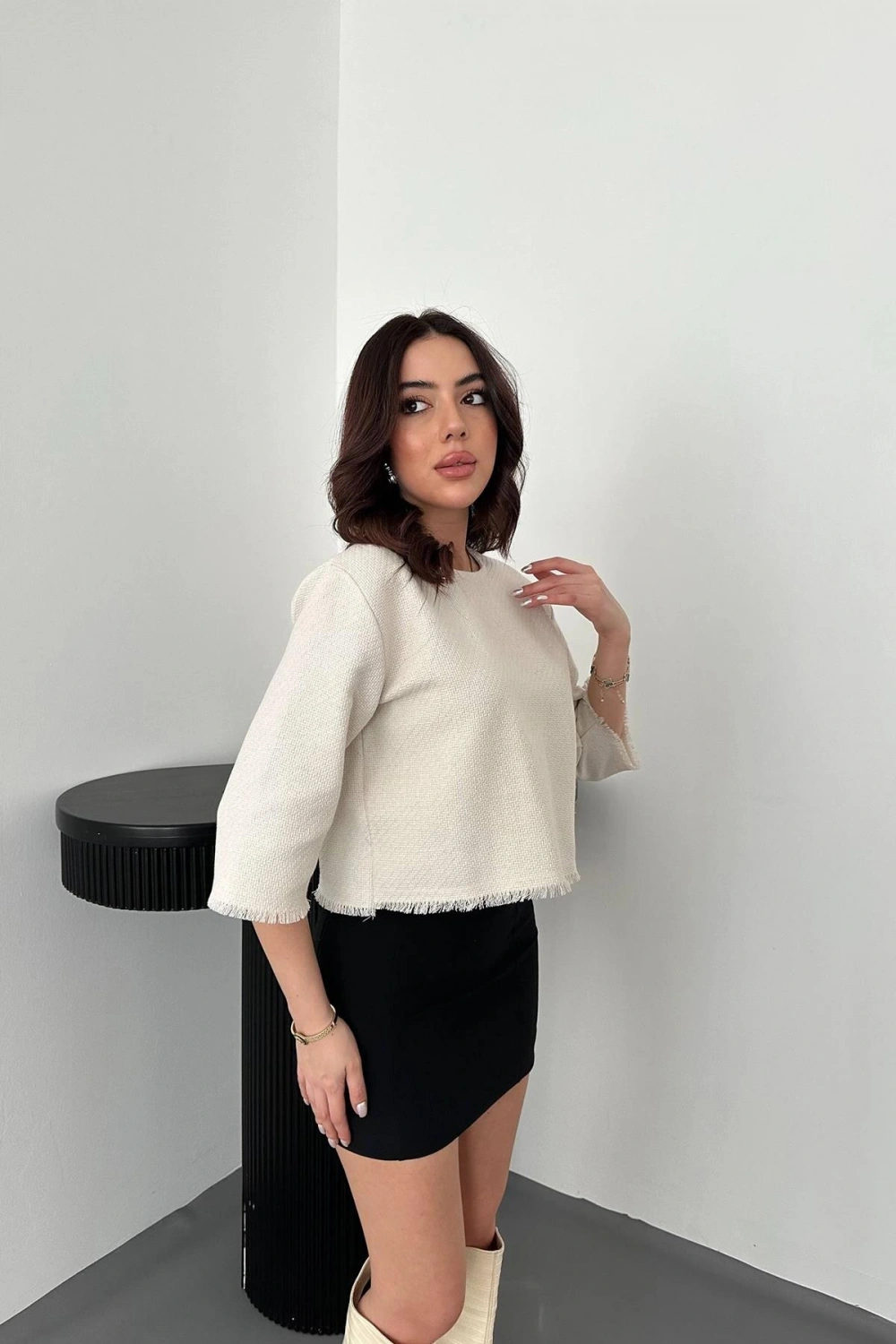 Desenli Püskül Detaylı Bluz